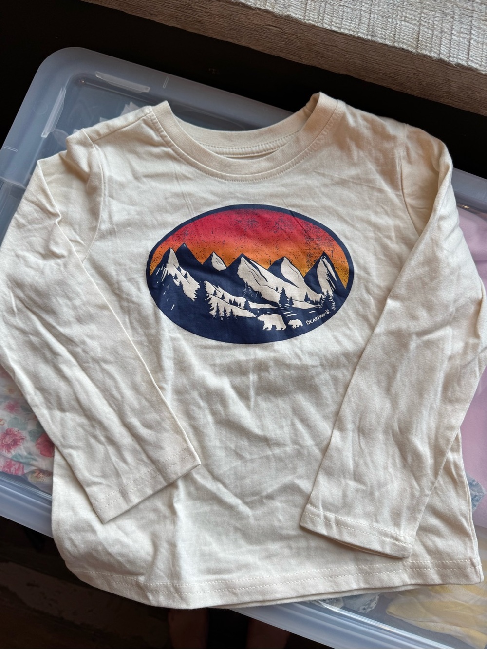 BearPaw Cream Long-Sleeve Tee with Sunset Mountain Graphic